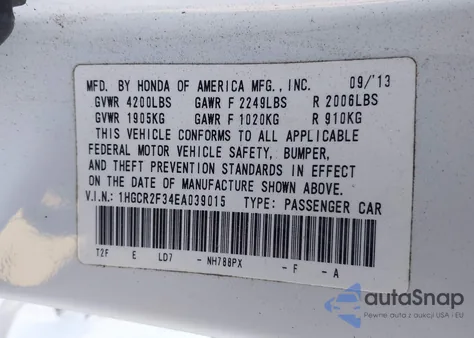 2014 Honda Accord Lx из США, поврежденный, VIN 1HGCR2F34EA039015